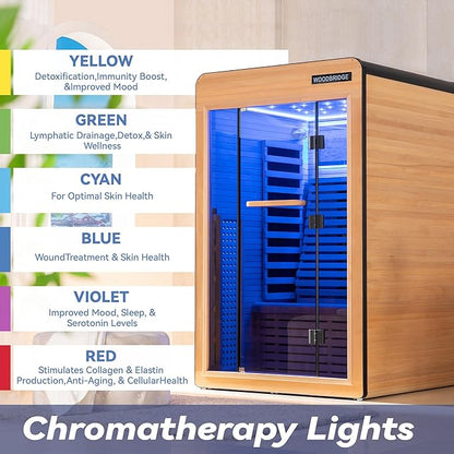 Woodbridge Infrared Home Sauna Room 2 Person Hemlock Wooden Indoor Sauna,7 Carbon 2230W/120V Heaters,with Led Color Therapy Light,Bluetooth Speaker,Tempered Glass,Touch-Tone Keypad and A Top Vent