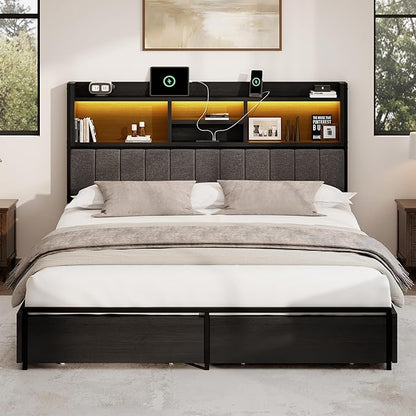King Bed Frame with 6 Storage Drawers, Linen Upholstered Headboard, Built-in