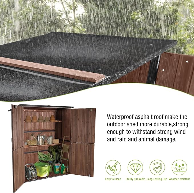 Storage Shed Outdoor Cabinet with Strong Iron Frame Large Wooden Garden Shed Tool House with Adjustable Shelfs,Brown
