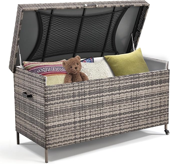 AVAWING 240 Gallon Wicker Deck Box, Outdoor Storage Box with Portable Wheels and Handles, Waterproof Patio Rattan Container for Garden, Balcony, Yard (Grey)