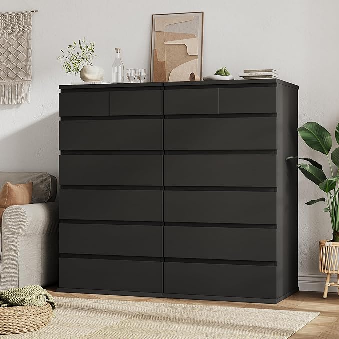 Black Tall 7 Drawer Dresser for Bedroom, Modern Wood Closet Dressers & Chests of Drawers with Jewelry Storage, 23.6" L*15.8" W*47.5" H in Large Vertical Dresser for Bedroom, Living Room, Nursery