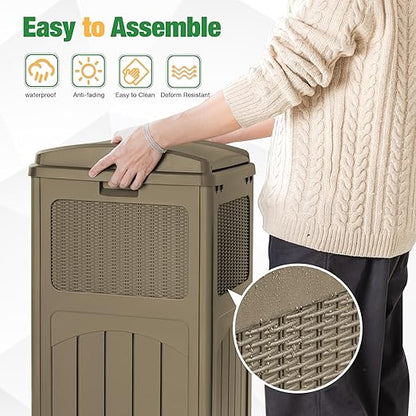 Flamaker 30 Gallon Trash Can, Resin Outdoor Garbage Can with Lid, Waterproof Hideaway Patio Waste Bins for Outside Use (Brown)