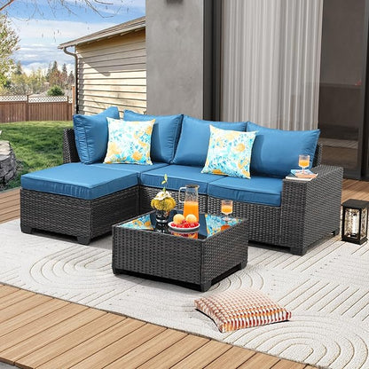 5 Pieces Patio Furniture Set All-Weather Outdoor Wicker Sectional Conversation Sofa Rattan Patio Seating Sofa with Cushion and Glass Table and Ottoman for Porch Poolside,Peacock Blue