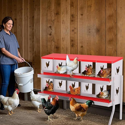 Metal Chicken Nesting Box, 10 Compartments, Rollout Egg Collection, Large Vented Holes, Perch Included, Wall Mount or Free Standing Laying Box for Hens and Chickens - Red with Legs