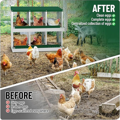 Chicken Nesting Box, Heavy-Duty Metal Chickens Laying Boxes with 6 Compartments, Large Vented Holes Hens Laying Box, Chicken Coop with Rollout Egg Collection, Wall Mount - Green