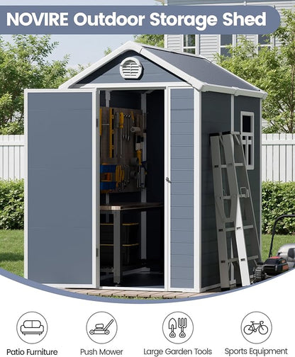 6x4.5 FT Plastic Sheds & Outdoor Storage, UV Resistant Storage Sheds Outdoor with Floor and Window, All-Weather Garden Resin Tool Shed for Lawn Mower, Yard Tools, Bike, Dark Gray