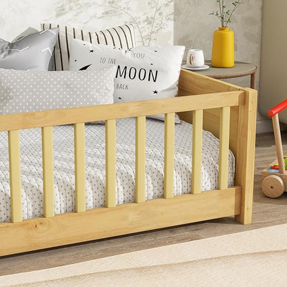 Twin Size Kids Montessori Floor Bed,Twin Floor Bed Frame with Slats and Bookcase,Solid Wood Montessori Bed for Girls Boys,Natural