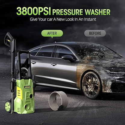 Electric High Pressure Washer - Portable Washer with 23 FT Water Outlet & 6.6 FT Inlet Hose, Steel Spray Wand, Foam-Adjustable Cannon, 4 Nozzle Set, Cleans Car/Patio/Fence/Window, 3800PSI 2.4GPM
