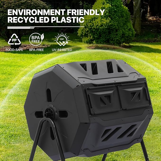 MoNiBloom 43 Gallon Compost Tumbler, Outdoor BPA Free Large Dual Chamber Tumbling Compost Bin All-Season Fast Working Tumbling Composter, High Volume Composter with 2 Sliding Doors