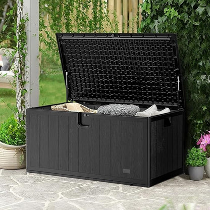 JEKO&JEKO 130 Gallon Outdoor Storage Box – Large Plastic Deck Box with Lockable Lid for Patio Furniture, Garden Supplies, and Shoes, Black