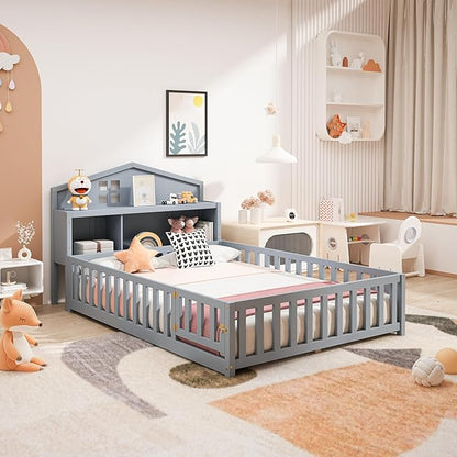 Bellemave Full Size Floor Bed for Kids, Girls, Boys, Solid Wood Montessori Bed with Storage headboard, Door, Storage, Grey