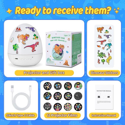 Dinosaur Toys for Kids 3-5 | 12HD Films+15 Sleeping Sounds+7 Colors+360°Rotating | Dinosaurs Primal Hatch Dinosaur Egg Boy Toys for Boys Star Projector Kids Toys Sound Machine Egg Light for Nursery