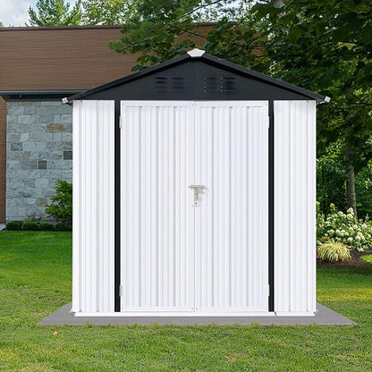 6 x 4 FT Metal Outdoor Storage Shed & Double Hinged Large Door - Heavy-Duty Shed with Floor, Lockable & Ventilation - Rainproof Windproof Large Utility Garden Shed for Backyard Patio Lawn - White
