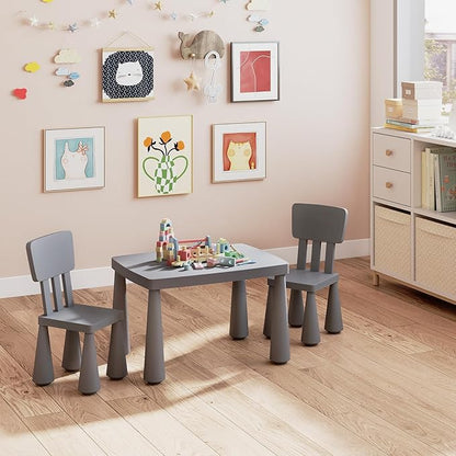 HONEY JOY Kids Table and Chair Set, Plastic Children Activity Table and 2 Chairs for Art Craft, Easy-Clean Tabletop, 3-Piece Toddler Furniture Set for Daycare Playroom, Gift for Boys Girls (Grey)