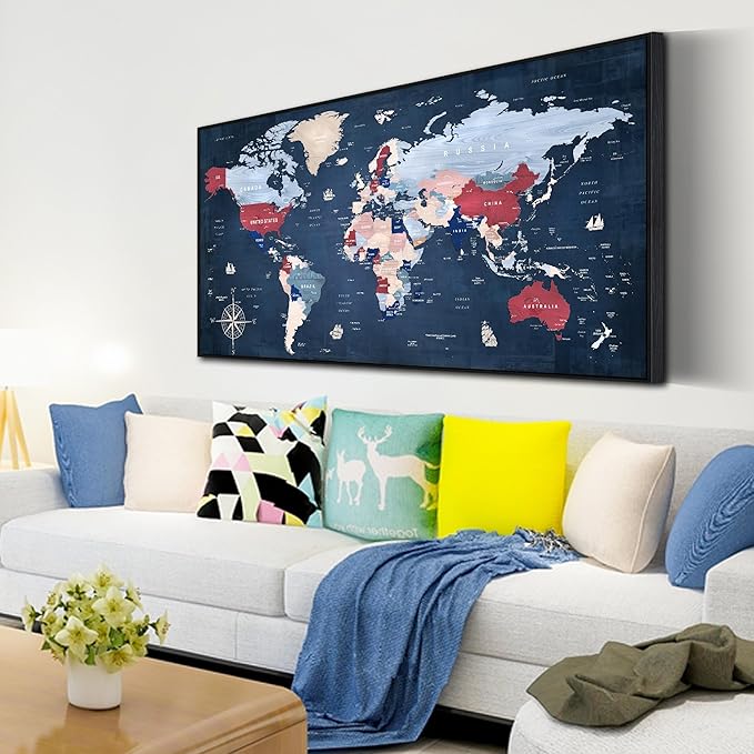 ZHAOSHOP World Map Wall Art for Living Room - Blue Wall Decor for Office - Large Framed Canvas Wall Art Ready to Hang Size 29" x 59"