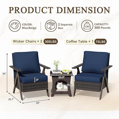Patio Porch Furniture Chairs Set, 3 Pieces PE Rattan Wicker Chairs with Side Table, Outdoor Garden Furniture Sets for Garden Backyard Porch Poolside