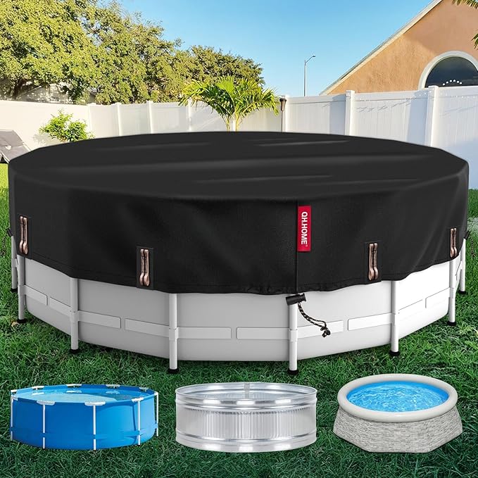 QH.HOME 8 Ft Round Pool Cover, Stock Tank Pool Cover Protector with Solar Pool Cover, One-Piece Tear Resistant Pool Cover for Above Ground Pools, Windproof and Dustproof Swimming Pool Cover
