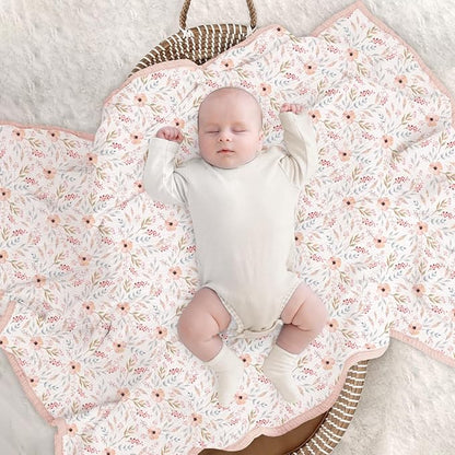 lulumoon Muslin Baby Blanket for Girls: Cotton Toddler Blanket for Crib - Soft Lightweight for Daycare & Nursery 47x47 Inches (Pink Flower)