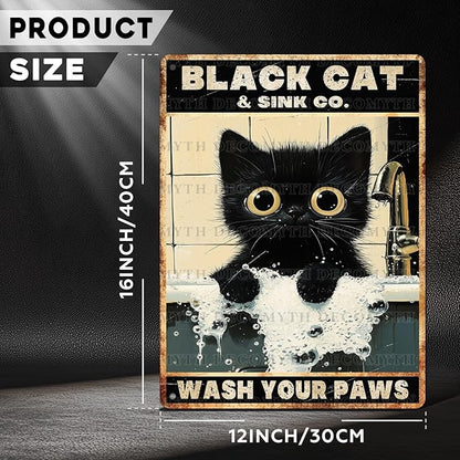 Vintage Black Cat Tin Sign Wash Your Paws Retro Wall Decor Decorations for Home Funny Cats Lovers Poster Indoor Store Cafe Toilet Bathroom Restroom Bar Pubs Farmhouse Farm Shop 12 * 16inch