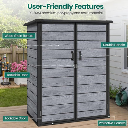 Vertical Outdoor Storage Shed with Floor, 56.8 Cu.Ft Resin Tool Cabinet with Lockable Doors, Waterproof Garden Storage Shed for Patio, Backyard & Garage Organization (Dark Gray)