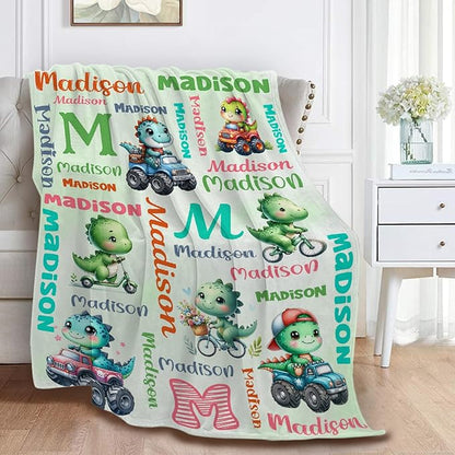 Personalized Dinosaur Truck Blanket Gifts for Girls Boys Women - Super Soft Cozy Warm Throw Sheet for Couch Bed Sofa Office Decor All Season 90"x120" for Whole Family