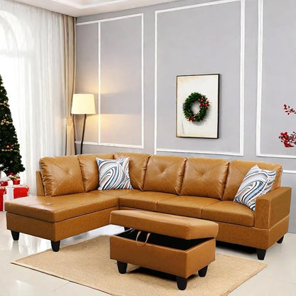 L Shaped Sectional Couch with Otttoman, 97" Leather Sectional Sofa for Living Room Modular Couches with Cup Holders for Bedroom, Apartments, Ginger
