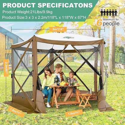 COBIZI 10x10ft Pop up Gazebo Screen House Tent for Camping, Pop-up Camping Canopy with Mesh Windows,Portable Outdoor Quick-Set Hub Tent with Carrying Bag&Ground Stakes,Brown(Upgraded 2.0)