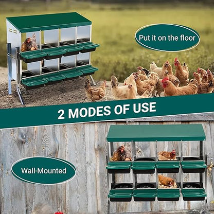 Garvee Chicken Nesting Boxes, 8 Hole Metal Chicken Laying Box with Removable Trays and Roll Out Egg Collection for Chicken Coop, with Metal Legs, Green