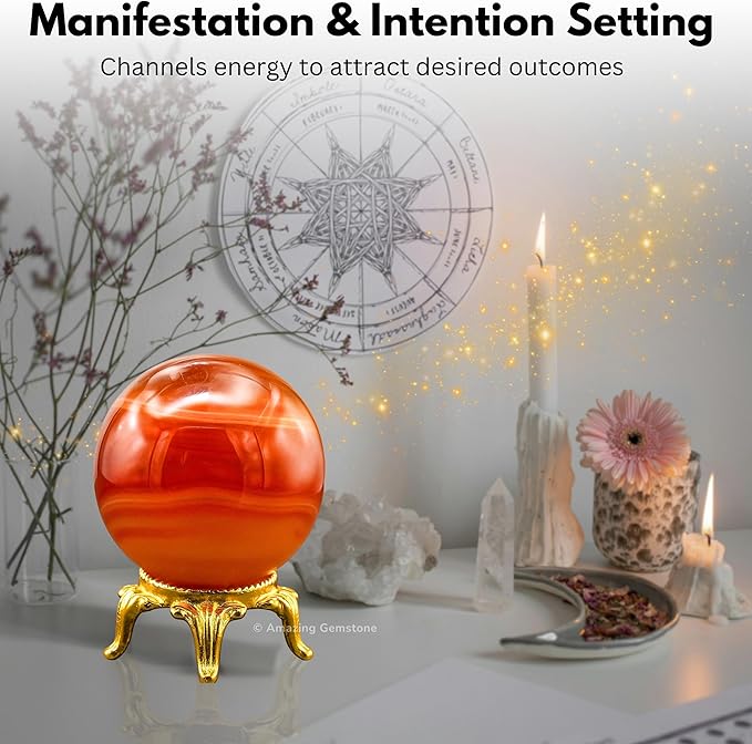 Amazing Gemstone Carnelian Onyx Crystal Ball with Stand - 2 Inches Crystal Sphere Meditation Balls for Witchcraft and Decorative Balls