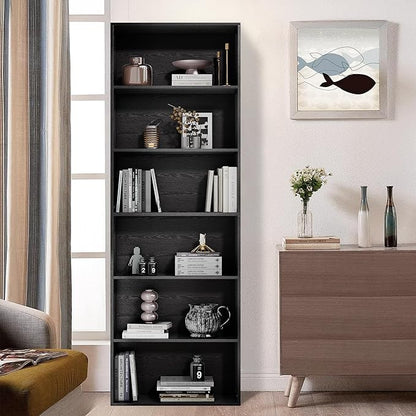 71" Tall Bookcase, 6-Tier Open Display Storage Shelves, Floor Standing Large Book Shelf for Living Room, Home Office, Bed Room, Black