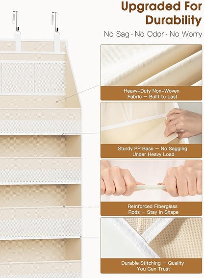 Criusia Over the Door Organizer, 6-Shelf Closet Hanging Storage with 13 Mesh Pockets, 55lbs Capacity Behind the Door Storage for Baby Nursery, Bathroom, Bedroom, and Dorm, Beige