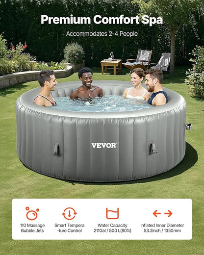 VEVOR Inflatable Hot Tub, 2 to 4 Person Capacity, 70.9 x 26 in Round Portable Outdoor Spa, with 110 Soothing Jets, Filter, Cover and Mat, Multi-Function Control Panel, PVC Outdoor Hot Tub, Grey
