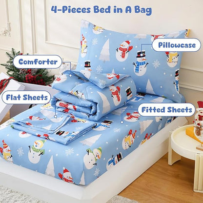LONAVA Winter Twin Kids Comforter Set - 4 Pieces Twin Bedding Sets for Boys Girls Children, Ultra Soft Microfiber Bed in A Bag with Flat Fitted Sheets, Snowman