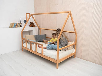BUSY WOOD Montessori Bed for Toddlers - Cozy House Bed for Kids - Wooden Loft Toddler Bed Frame - House Bed Frame - Montessori Bed with Rails - Toddler Bedroom Furniture (Model 1, Legs and Slats)