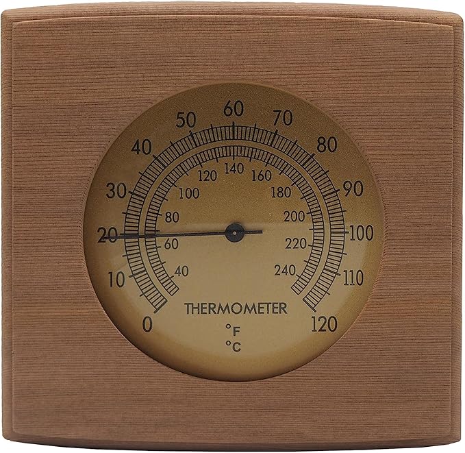 HSE Cedar Sauna Thermometer - Mechanical Thermometer with Minimalist Design and Glass Dials