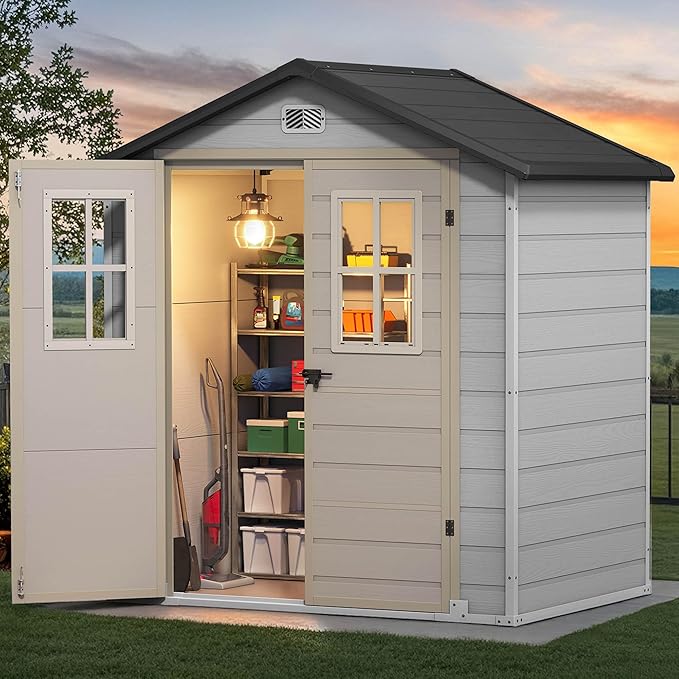 DWVO 6x4.4 FT Outdoor Storage Shed, Plastic Garden Tool Shed with 2 Windows, Double-Wall Outside Shed for Lawn Mower, Garden Tool for Backyard, Patio, Lawn, Lockable, Greige&Gray