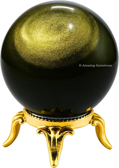 Amazing Gemstone Golden Sheen Obsidian Crystal Ball with Stand - 2 Inches Crystal Sphere Meditation Balls for Witchcraft and Decorative Balls