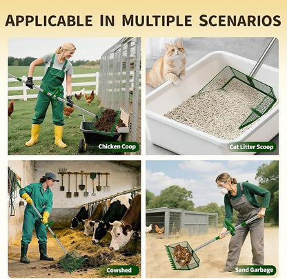 2-in-1 Chicken Coop Scooper: Extra Large 12” Poop Scooper & Rake with Adjustable Handle (37”-65”) | Heavy-Duty Metal Shovel for Quick Pet Waste, Rabbit, Guinea Pig, Barn Cleaning | US Patent Pending