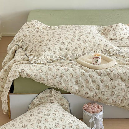 BuLuTu Shabby Chic Toddlers Kids Teens Quilt for Full/Queen Bed, Reversible Pink Floral Comforter with Lace Edges, Muslin Cotton Quilted Blanket 79"x90", Peony Pattern, No Pillowcase