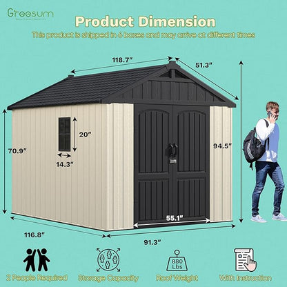 Greesum 8×10 FT Plastic Outdoor Storage Shed with Floor, Resin Sheds with Lockable Door and Window, Weather Resistant Organization for Garden, Lawn, Pool Supplies, Beige