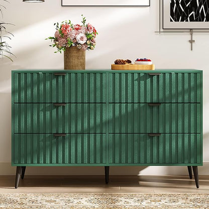 Fluted Dresser for Bedroom with 6 Drawers, 47'' Wide Modern Dresser with Metal Handle, Wood Dressers Organizer with Blister Drawers for Bedroom, Green