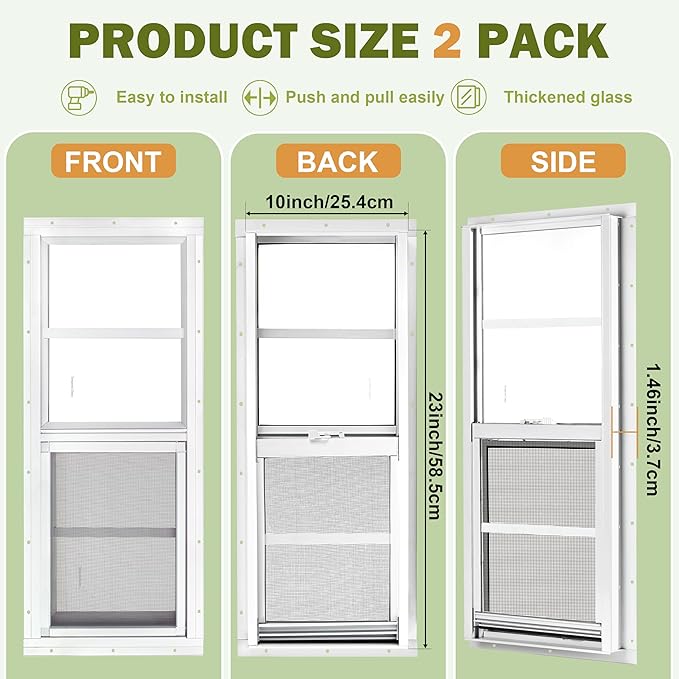 2 Pack Shed Windows, 10"x 23" White Sliding Window Suitable for Chicken Coop, shed, Household, Barn - Transom Window with Tempered Glass and Fiberglass Screen (WH,10''x 23'')