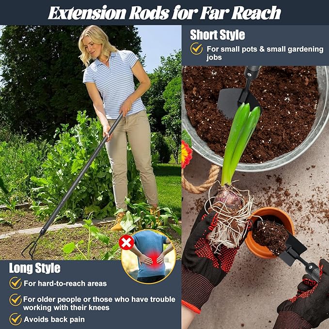 Garden Tool Set with Extended Long Handle, 5 Pieces Stainless Steel Gardening Tool Kit, Gifts for Parents and Kids Including Trowels, Hand rake, Weeder, Pruning Shears for Weeding Planting