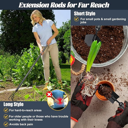 Garden Tool Set with Extended Long Handle, 5 Pieces Stainless Steel Gardening Tool Kit, Gifts for Parents and Kids Including Trowels, Hand rake, Weeder, Pruning Shears for Weeding Planting