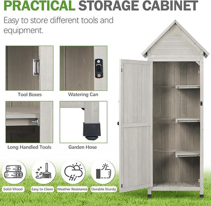 Wooden Outdoor Storage Cabinet with Waterproof Metal Roof Vertical Garden Tool Shed Adjustable Shelves, Perfect for Yards, Patios, Decks and Porches (Light Gray, 22" x 26" x 67")
