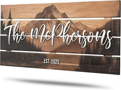 Custom Mountain Family Name Sign - Rustic Wood Wall Decor, Personalized Wedding & Gift for Anniversary Couples, Housewarming Gift for New Home