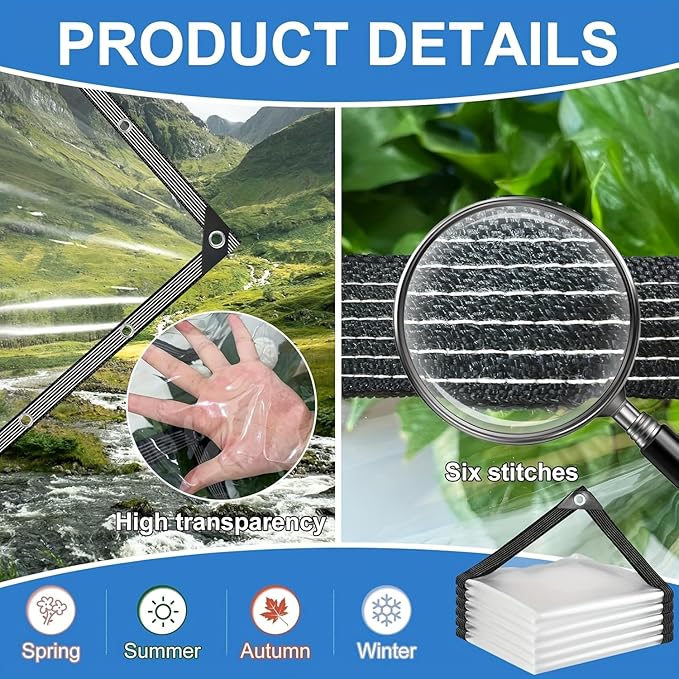 8x10ft Clear Tarp Heavy Duty Waterproof, Clear Vinyl Tarp with Grommets, Transparent Tarpaulin Vinyl for Patio Enclosure, Roofs, Greenhouse Plant, Chicken Coop Covers