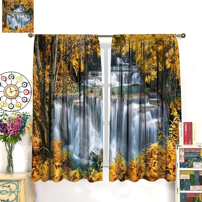 Waterfall Blackout Curtain, Autumn Season Trees Leaves Natural Landscape Window Drapes, for Bedroom Living Room 63" W X 72" L