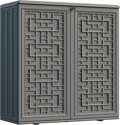Indoor Outdoor Storage Cabinet Waterproof with Shelf,Plastic Storage Sheds Outdoor Cabinets for Patio/Garden/Backyard, Size 34.3''L*15''W*36.2''H（Gray）