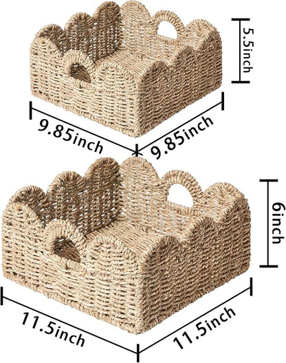 Scalloped Basket 2 Pack Wicker & Rattan Storage with Built-in Handles, Decorative Woven Seagrass Basket for Nursery & Bathroom Organization